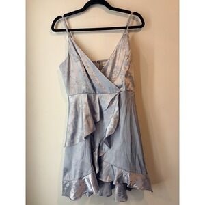 Altard State Dress‎ Womens L Blue Faux Wrap Satin Feel Mini Floral Fairycore
